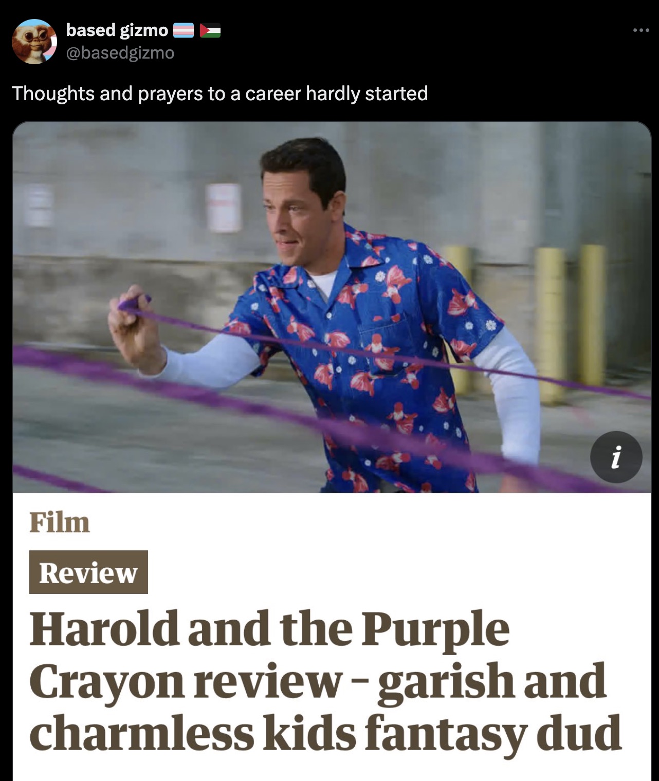 based gizmo Thoughts and prayers to a career hardly started Film i Review Harold and the Purple Crayon review garish and charmless kids fantasy dud