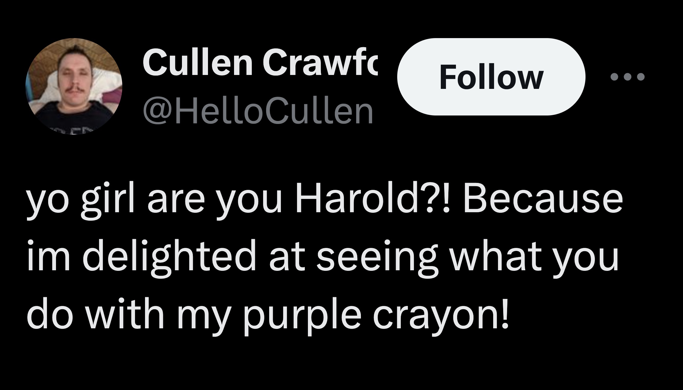 photo caption - Cullen Crawfo yo girl are you Harold?! Because im delighted at seeing what you do with my purple crayon!