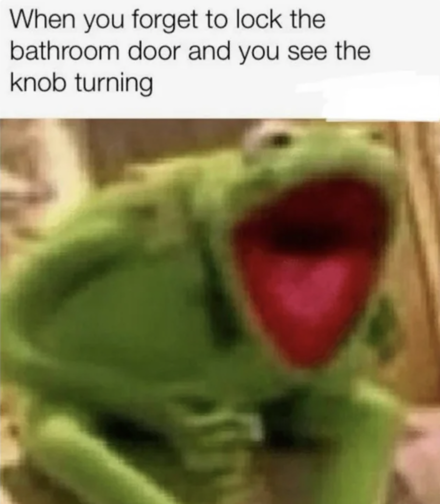 kermit haha - When you forget to lock the bathroom door and you see the knob turning