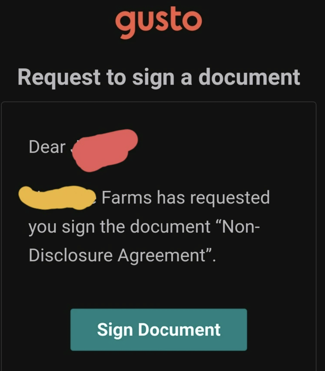 corn dog - gusto Request to sign a document Dear Farms has requested you sign the document "Non Disclosure Agreement". Sign Document