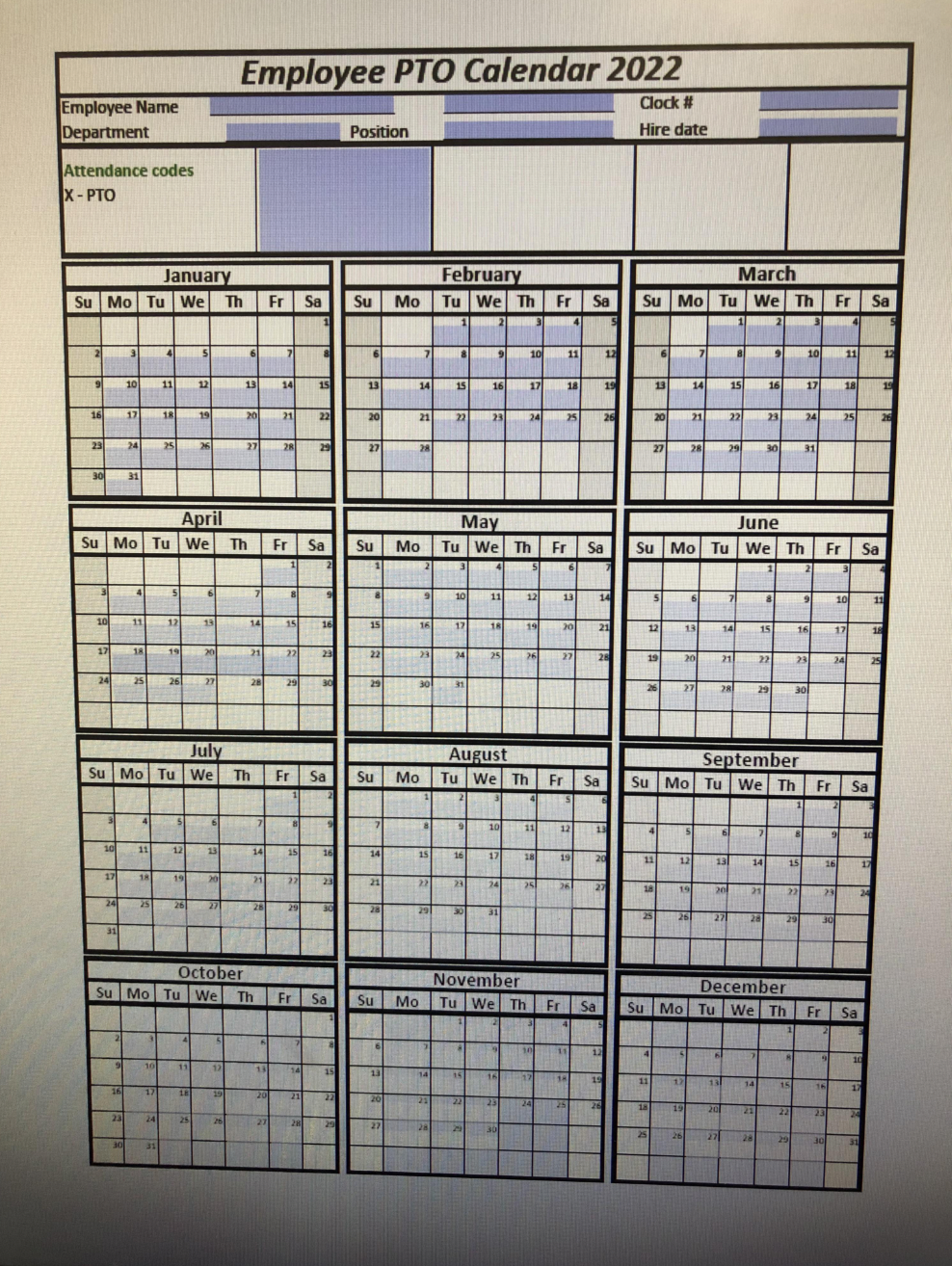 diagram - Employee Name Department Employee Pto Calendar 2022 Poution Clock Hire date Attendance codes XPto January February March Su Mo Tu We Th Fr Sa Su Mo Tu We Th Fr Sa Su Mo Tu We Th Fr Sa April May June Su Mo Tu We Th Fr S Su Mo Tu We Th Fr Sa Su Mo