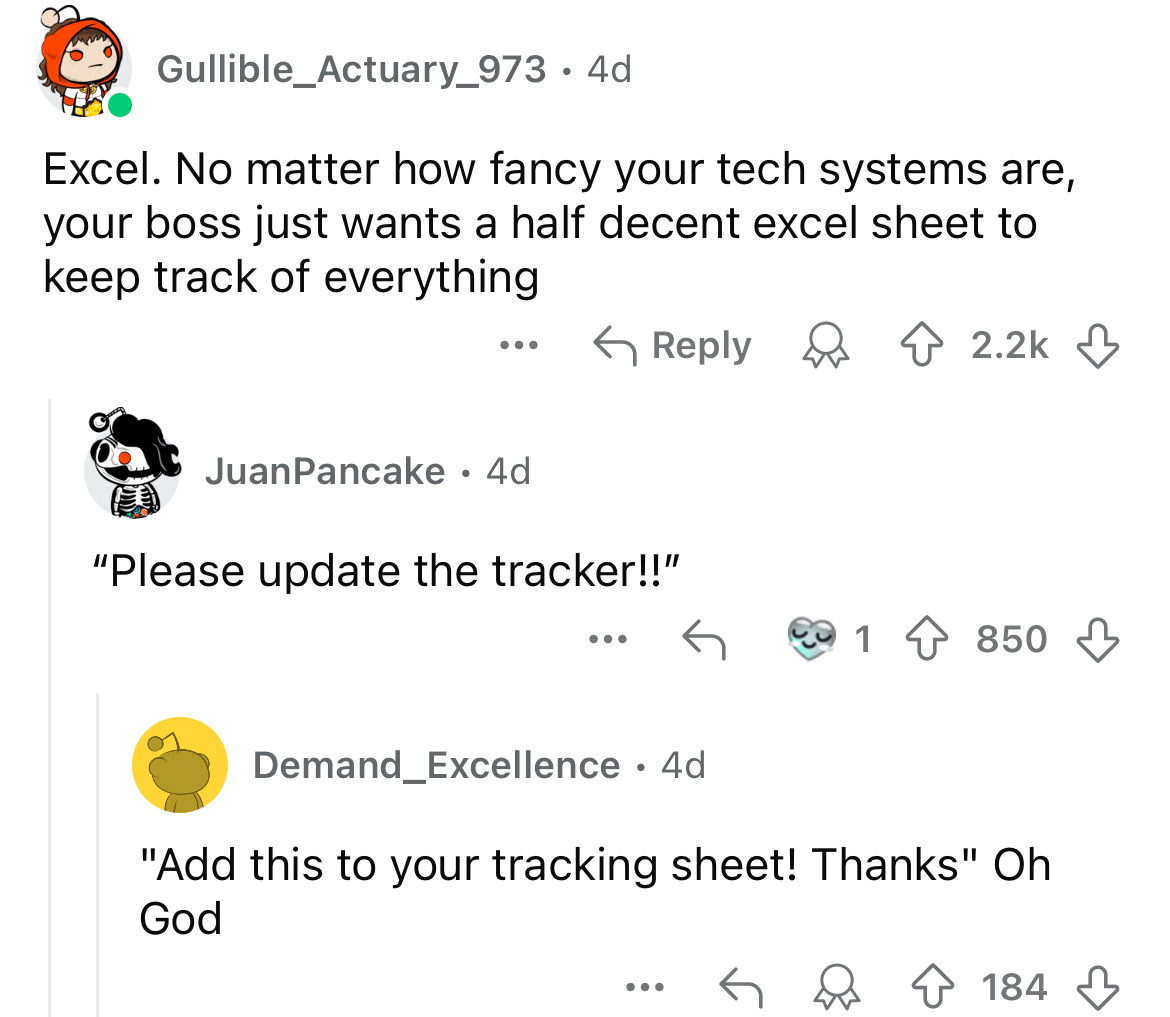 screenshot - Gullible_Actuary_973. 4d Excel. No matter how fancy your tech systems are, your boss just wants a half decent excel sheet to keep track of everything JuanPancake. 4d "Please update the tracker!!" ... 1850 Demand Excellence 4d "Add this to you