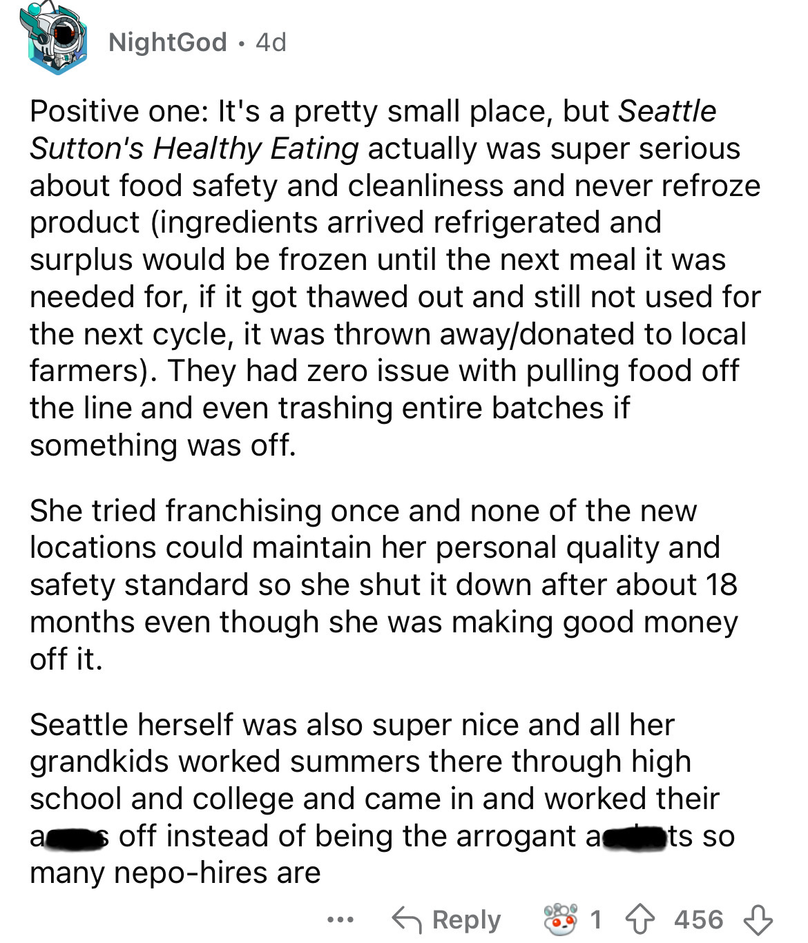 document - NightGod 4d . Positive one It's a pretty small place, but Seattle Sutton's Healthy Eating actually was super serious about food safety and cleanliness and never refroze product ingredients arrived refrigerated and surplus would be frozen until 