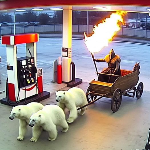 Onward my trust steeds.  Not sure why they're stopping at the gas station.