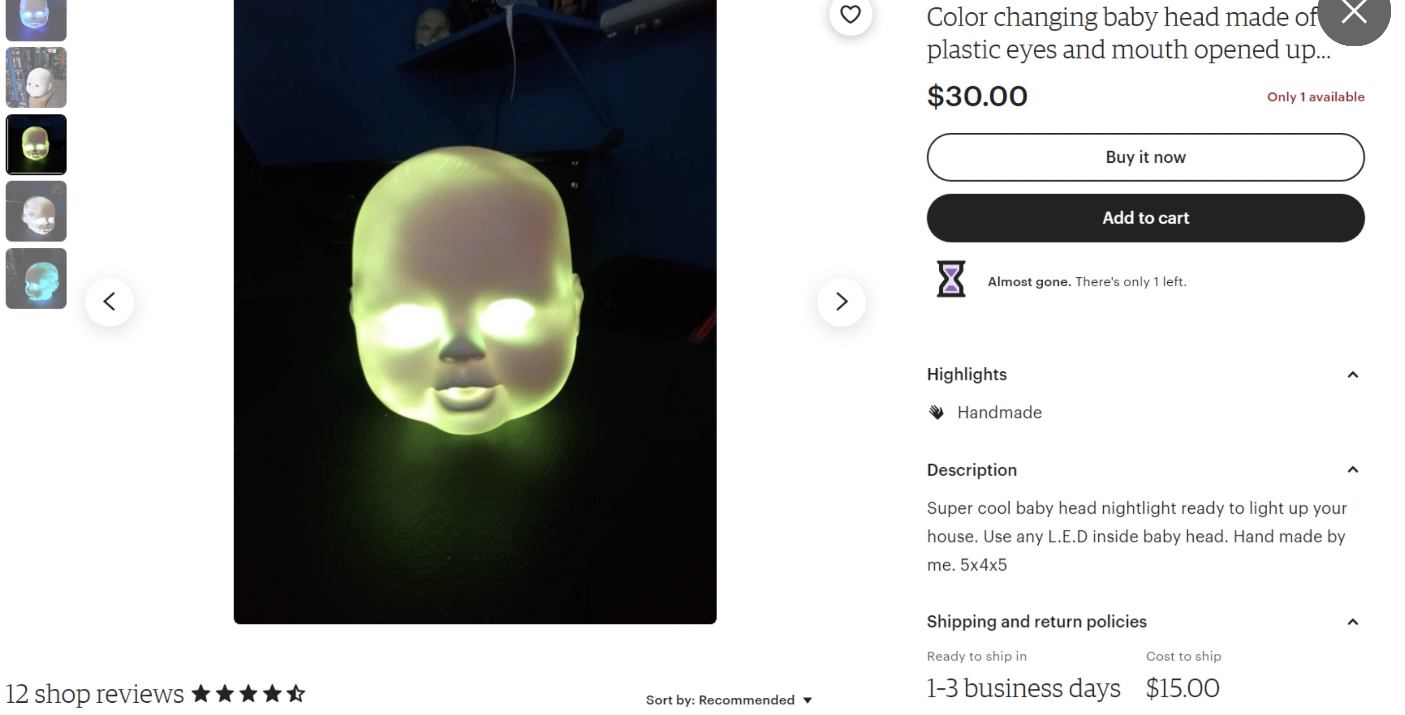 screenshot - Color changing baby head made of X plastic eyes and mouth opened up... $30.00 Only 1 available Buy it now Add to cart