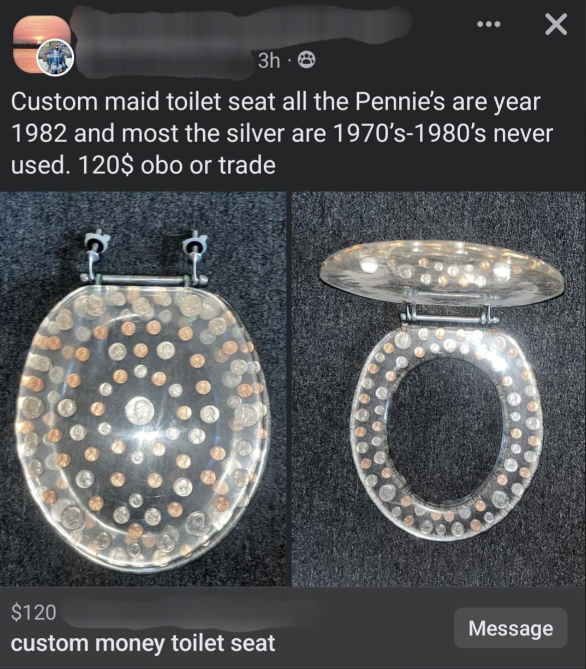 circle - 3h Custom maid toilet seat all the Pennie's are year 1982 and most the silver are 1970's1980's never used. 120$ obo or trade $120 Message custom money toilet seat