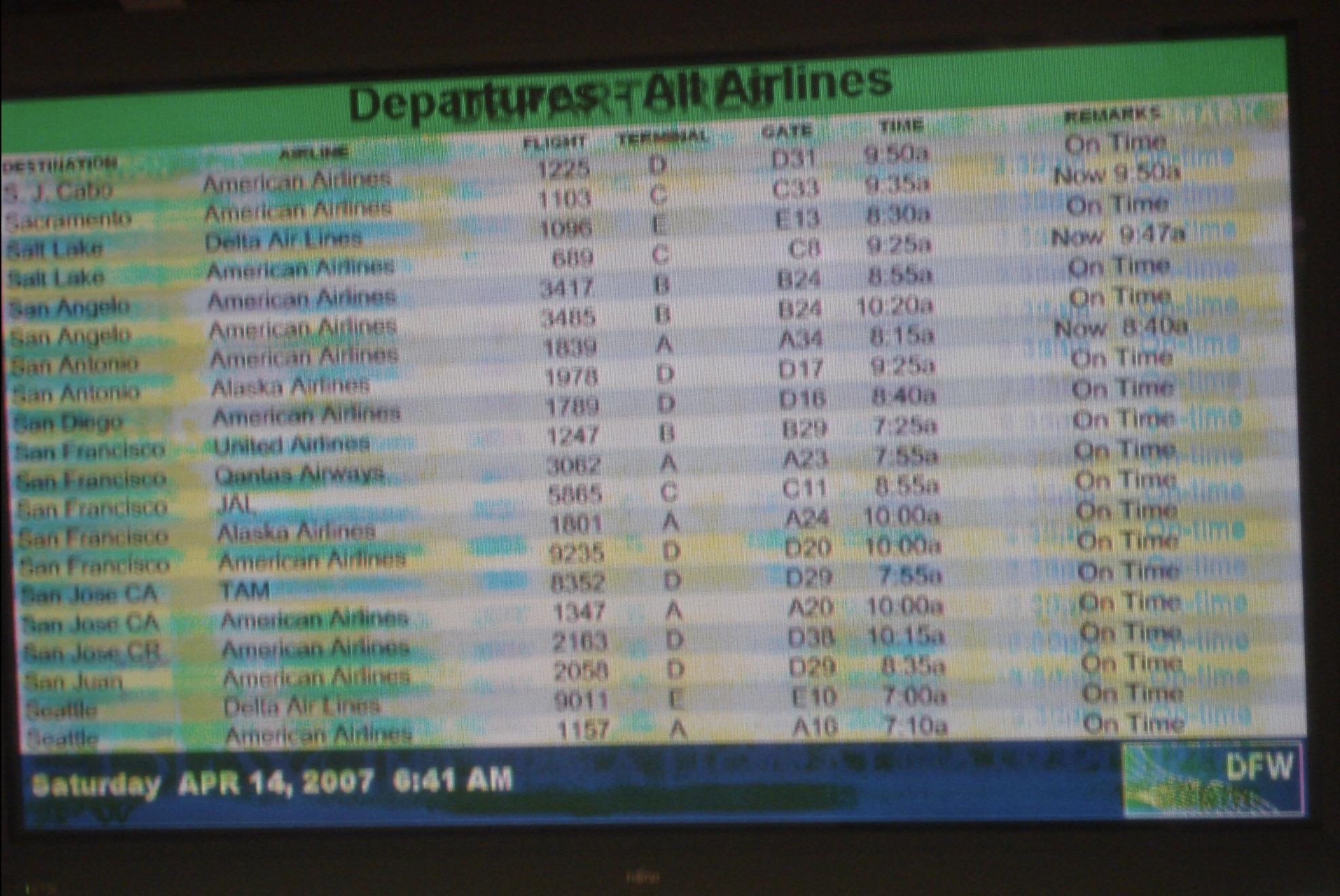 plasma screen burn - Departures All Airlines Destination 5.J. Cato Sacramento Flight Termal Gate American Aidines 1225 D31 a Remarks On Tim America 1103 C C33 9.35a Now Sat Lake Salt Lake Delta Air Lines 1096 E E13 a On Time Americ Aidines 689 C Cb a Now 