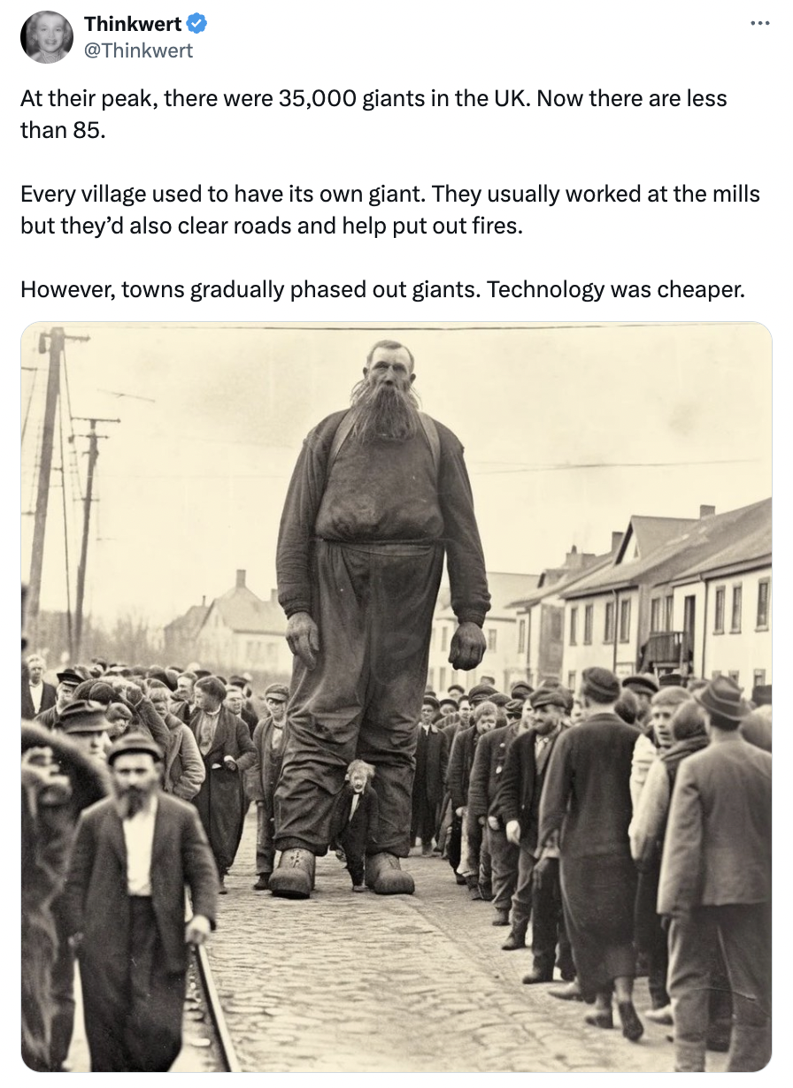 1901 neanderthal giant - Thinkwert At their peak, there were 35,000 giants in the Uk. Now there are less than 85. Every village used to have its own giant. They usually worked at the mills but they'd also clear roads and help put out fires. However, towns