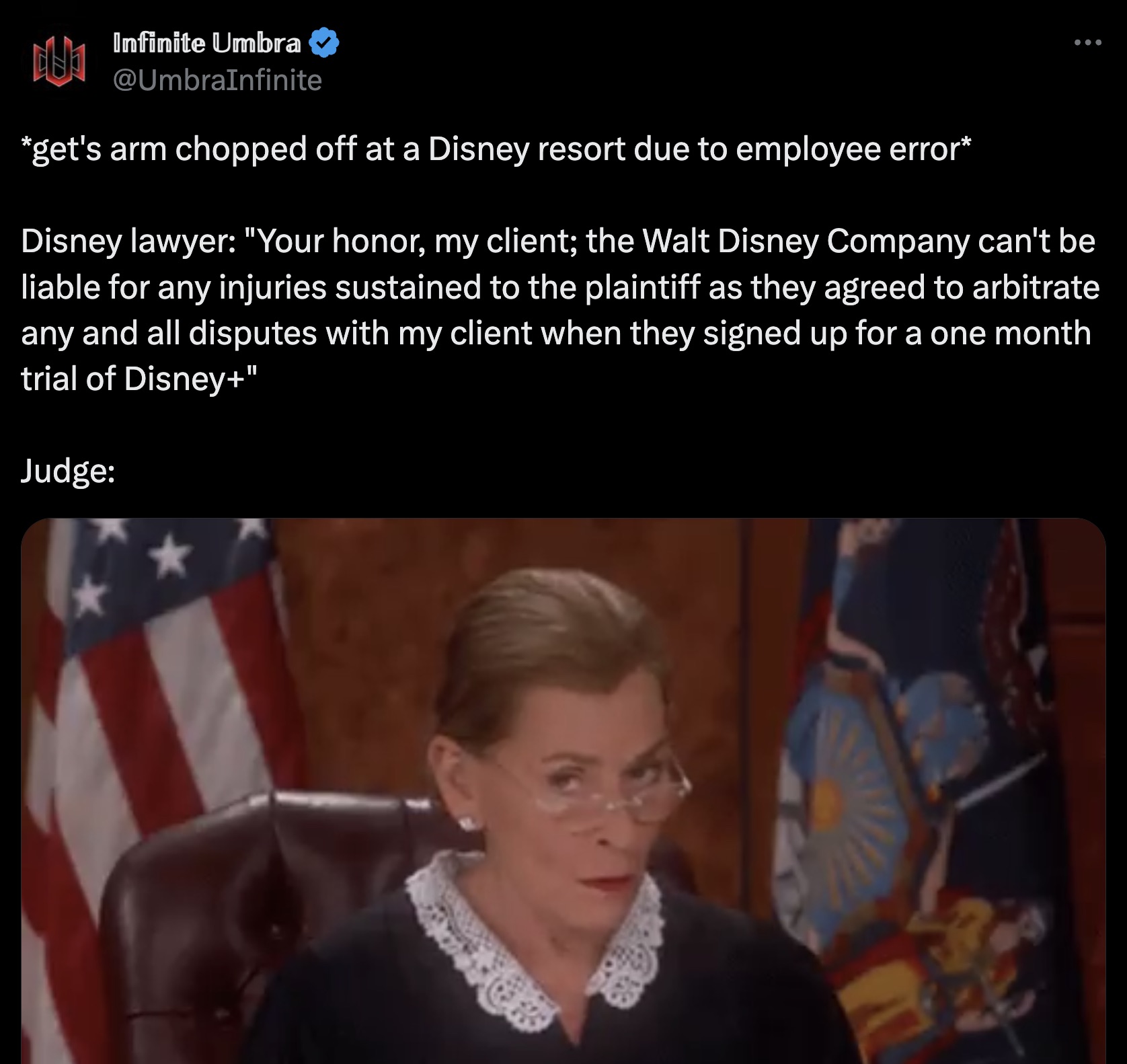 screenshot - 181 Infinite Umbra get's arm chopped off at a Disney resort due to employee error Disney lawyer "Your honor, my client; the Walt Disney Company can't be liable for any injuries sustained to the plaintiff as they agreed to arbitrate any and al