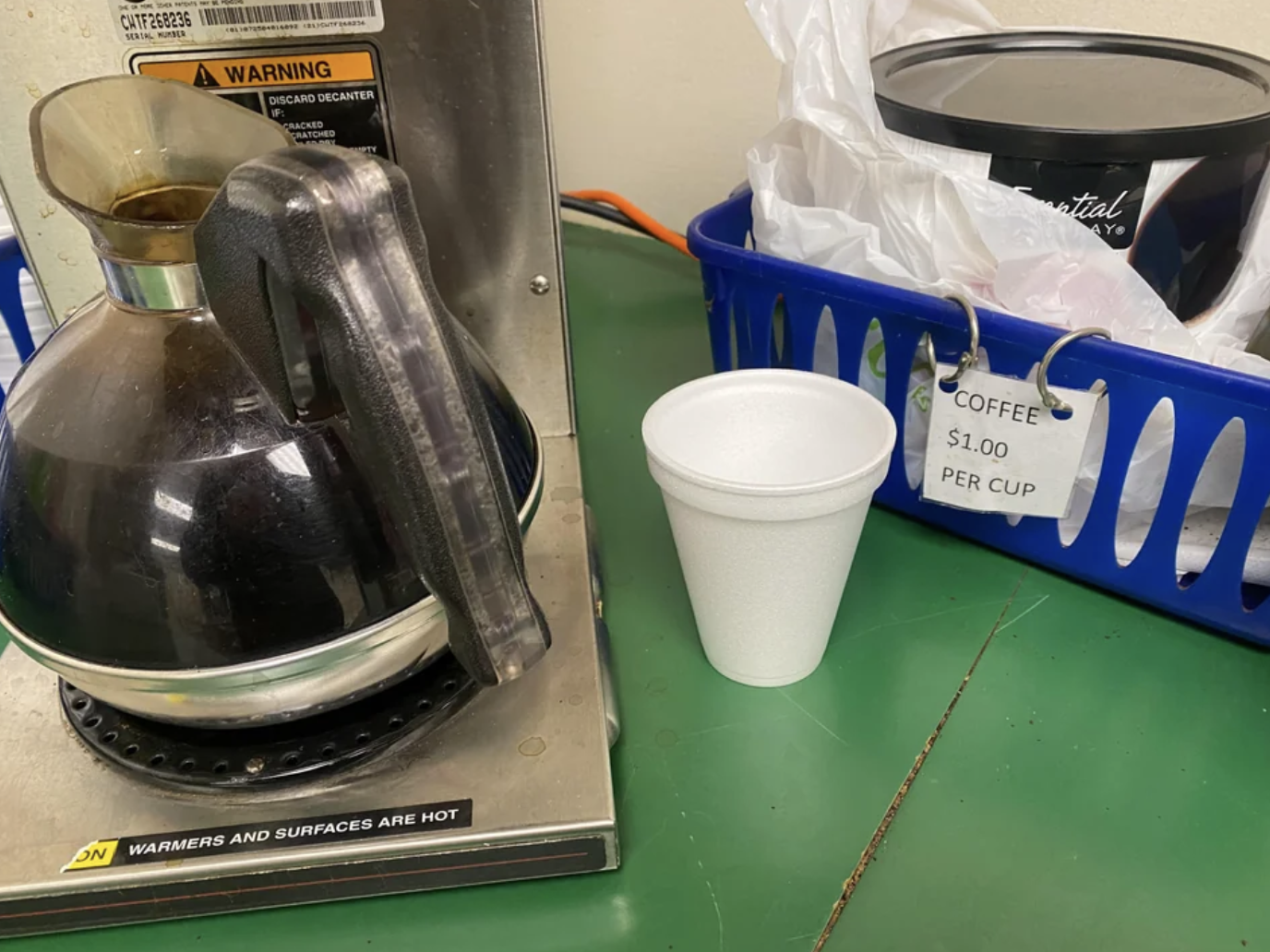 cup of coffee in break room - CATF268236 Warning Discard Decanter On Warmers And Surfaces Are Hot Coffee $1.00 Per Cup tial