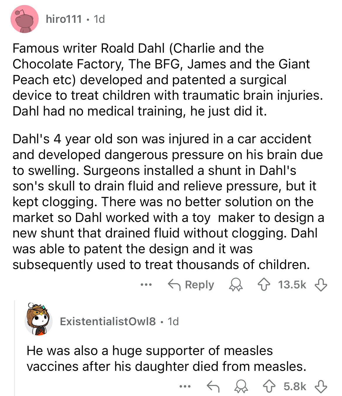 document - hiro111. 1d Famous writer Roald Dahl Charlie and the Chocolate Factory, The Bfg, James and the Giant Peach etc developed and patented a surgical device to treat children with traumatic brain injuries. Dahl had no medical training, he just did i