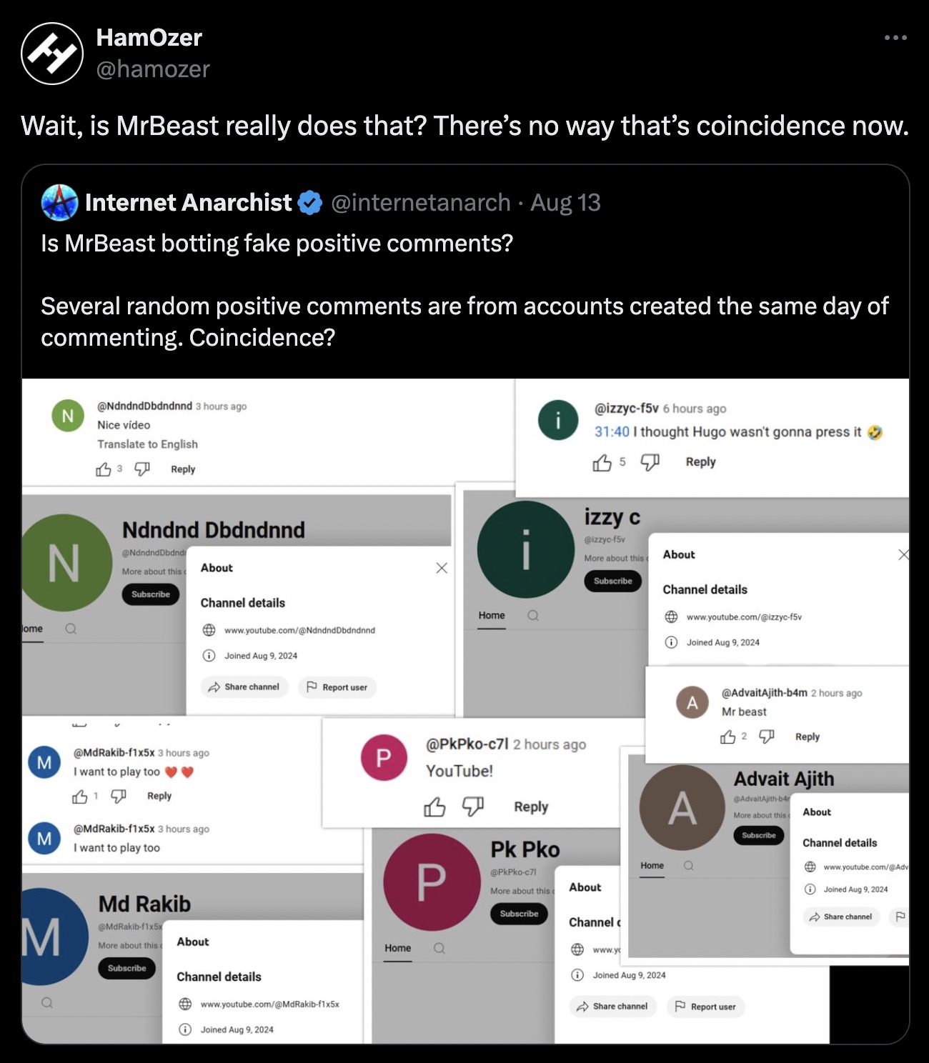 screenshot - H HamOzer Wait, is MrBeast really does that? There's no way that's coincidence now. Internet Anarchist Aug 13 Is MrBeast botting fake positive ? Several random positive are from accounts created the same day of commenting. Coincidence? ome N 