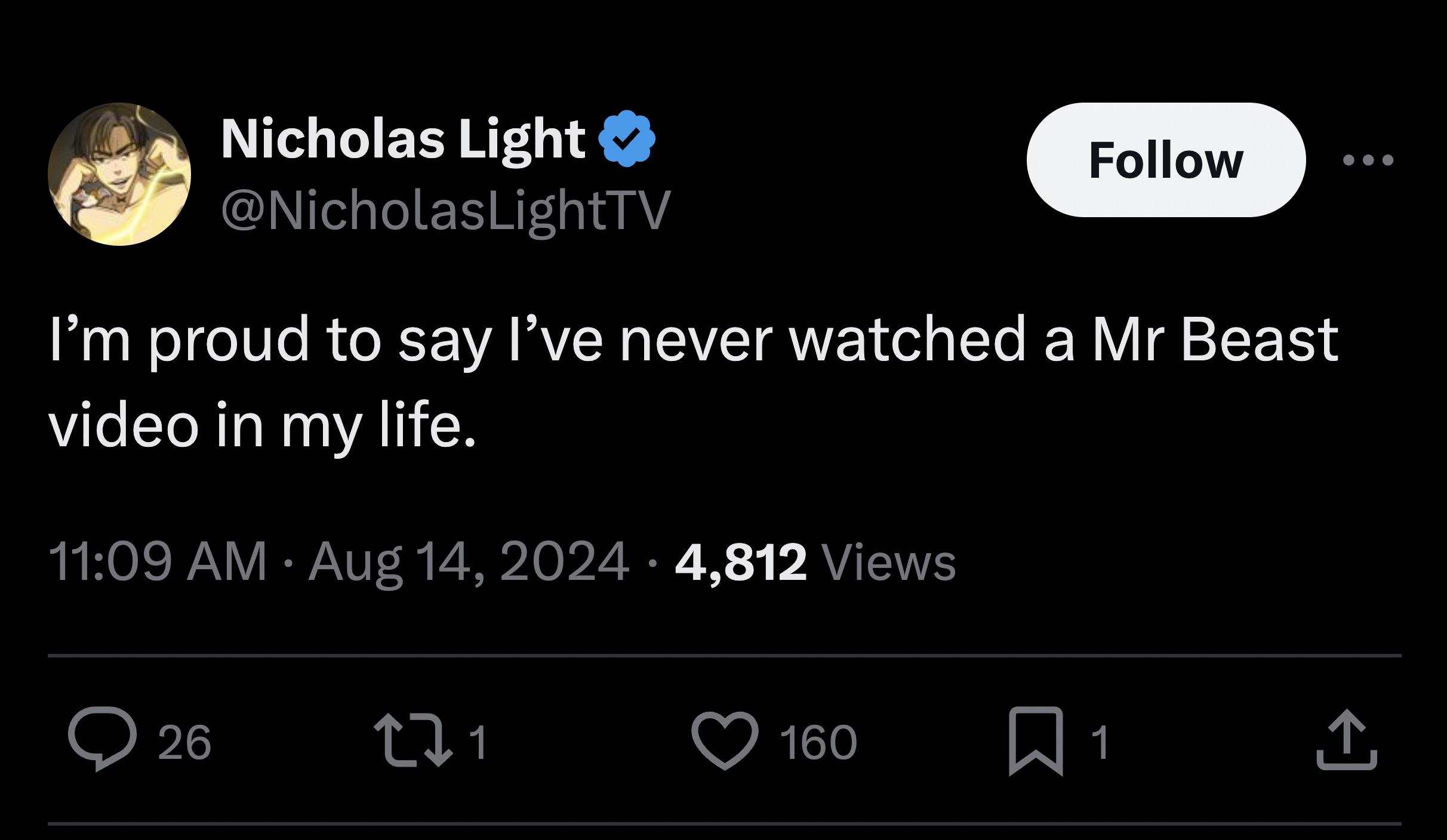 screenshot - Nicholas Light LightTV I'm proud to say I've never watched a Mr Beast video in my life. . 4,812 Views 26 27 1 160 1