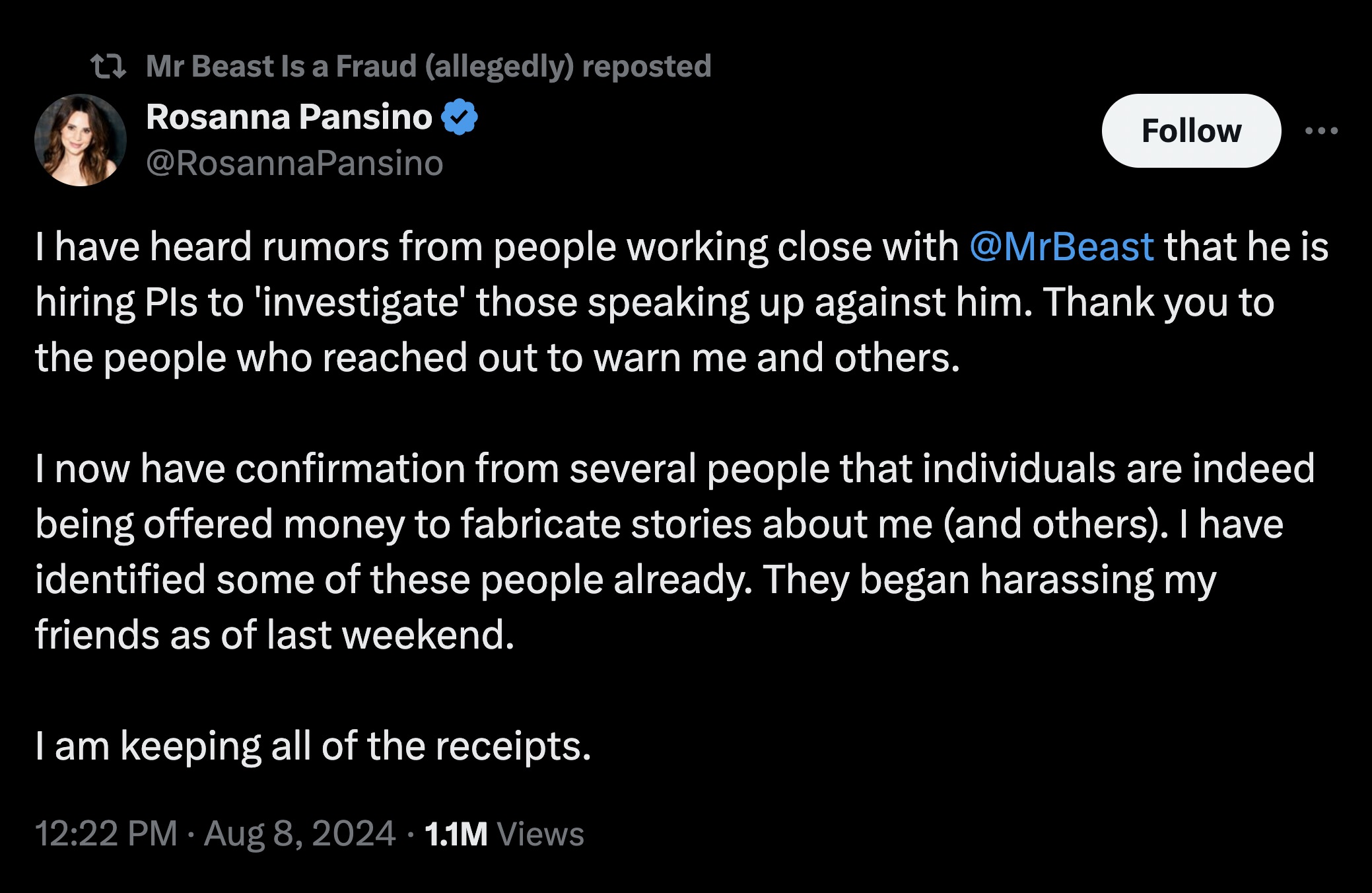 screenshot - Mr Beast Is a Fraud allegedly reposted Rosanna Pansino I have heard rumors from people working close with that he is hiring Pls to 'investigate' those speaking up against him. Thank you to the people who reached out to warn me and others. I n