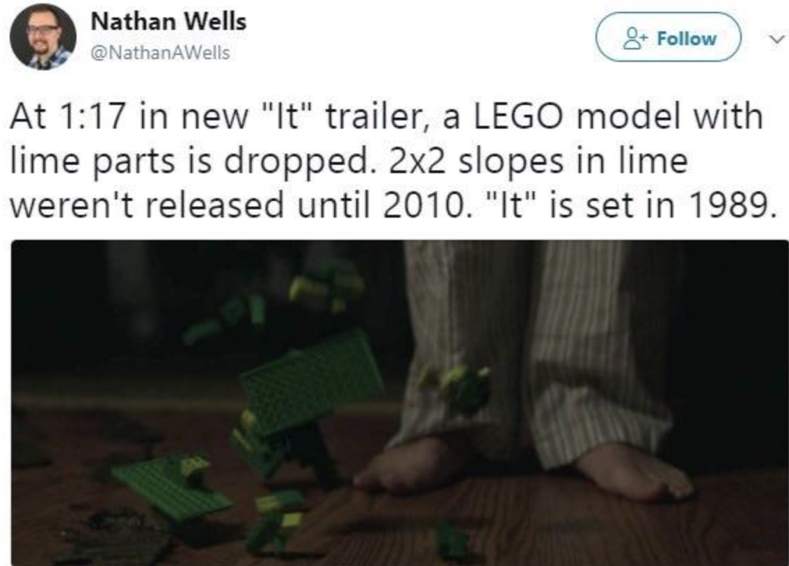 screenshot - Nathan Wells At in new "It" trailer, a Lego model with lime parts is dropped. 2x2 slopes in lime weren't released until 2010. "It" is set in 1989.