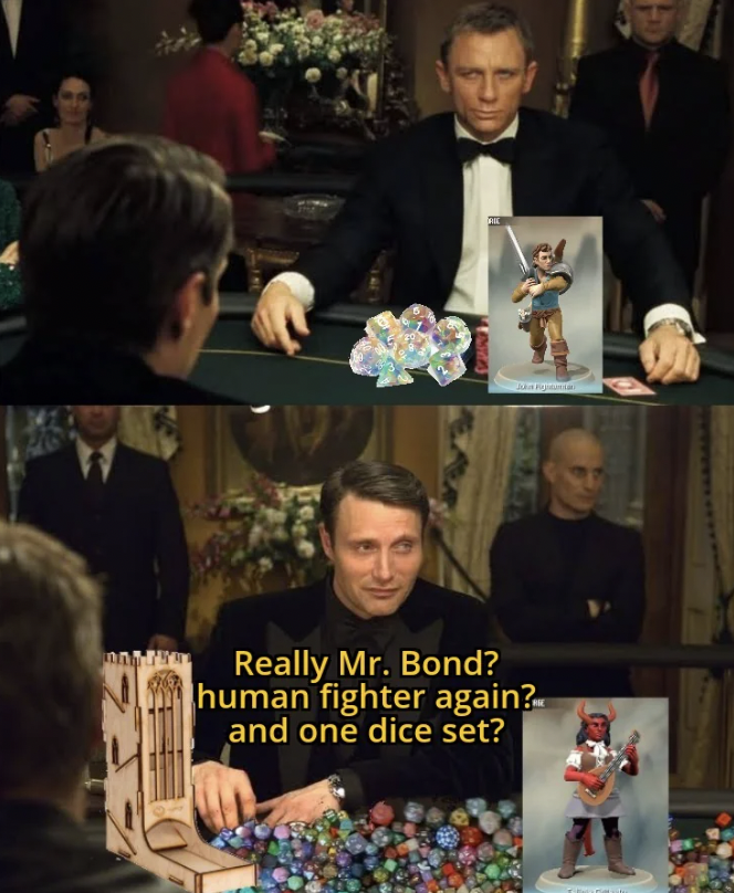 Really Mr. Bond? human fighter again? and one dice set?