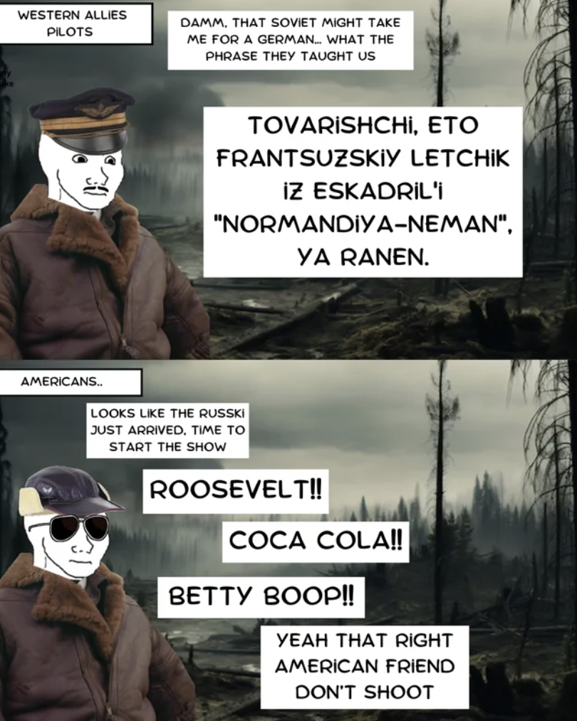 mask - Western Allies Pilots Damm, That Soviet Might Take Me For A German... What The Phrase They Taught Us Tovarishchi, Eto Frantsuzskiy Letchik Iz Eskadril'i "NormandiyaNeman". Ya Ranen. Americans.. Looks The Russki Just Arrived, Time To Start The Show…