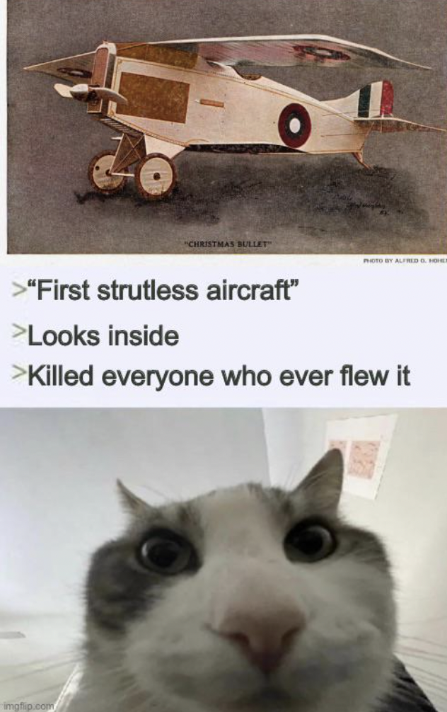 open wireless device meme - >"First strutless aircraft" >Looks inside >Killed everyone who ever flew it