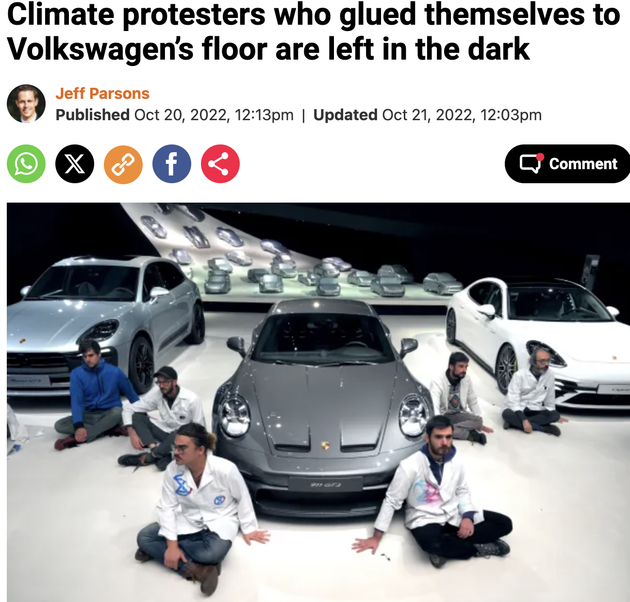 climate protesters porsche - B Climate protesters who glued themselves to Volkswagen's floor are left in the dark Jeff Parsons Published , pm | Updated , pm X Comment