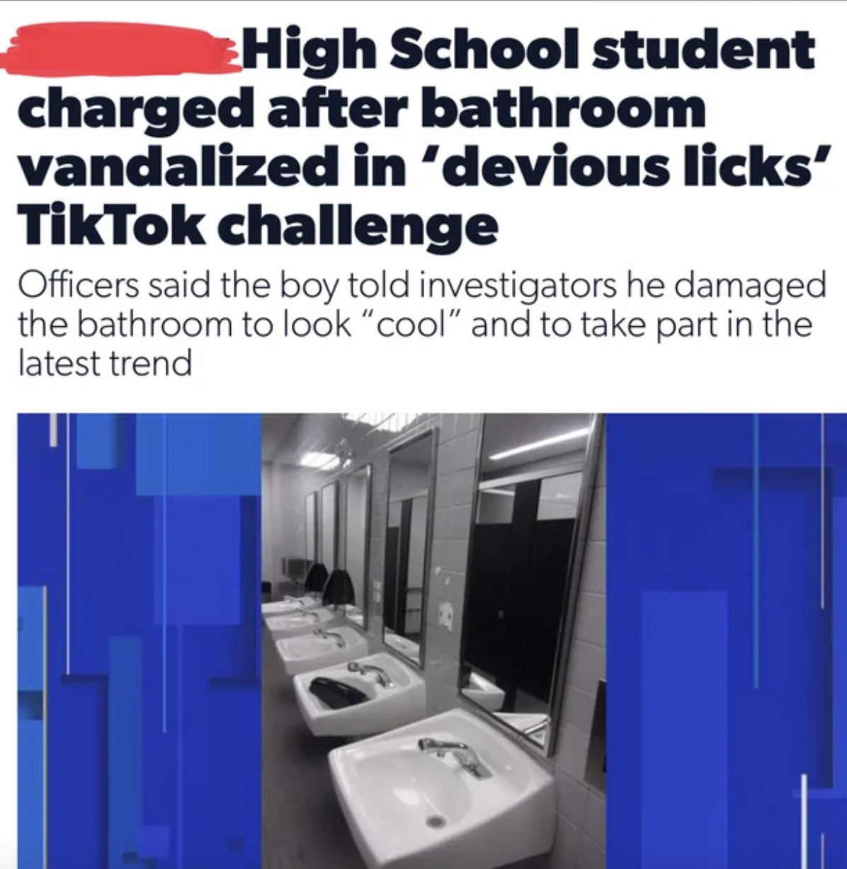 bathroom - High School student charged after bathroom vandalized in 'devious licks' TikTok challenge Officers said the boy told investigators he damaged the bathroom to look "cool" and to take part in the latest trend