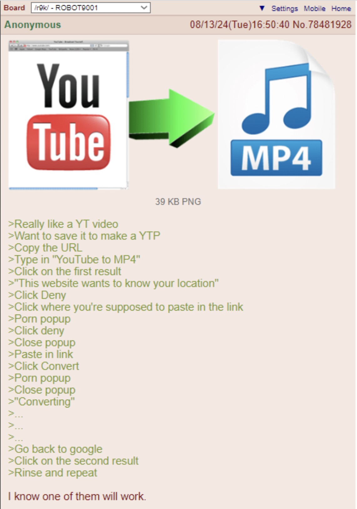 YouTube - Board r9k ROBOT9001 Anonymous Settings Mobile Home 081324Tue40 No.78481928 You Tube 39 Kb Png >Really a Yt video >Want to save it to make a Ytp >Copy the Url >Type in "YouTube to MP4" >Click on the first result >"This website wants to know your 