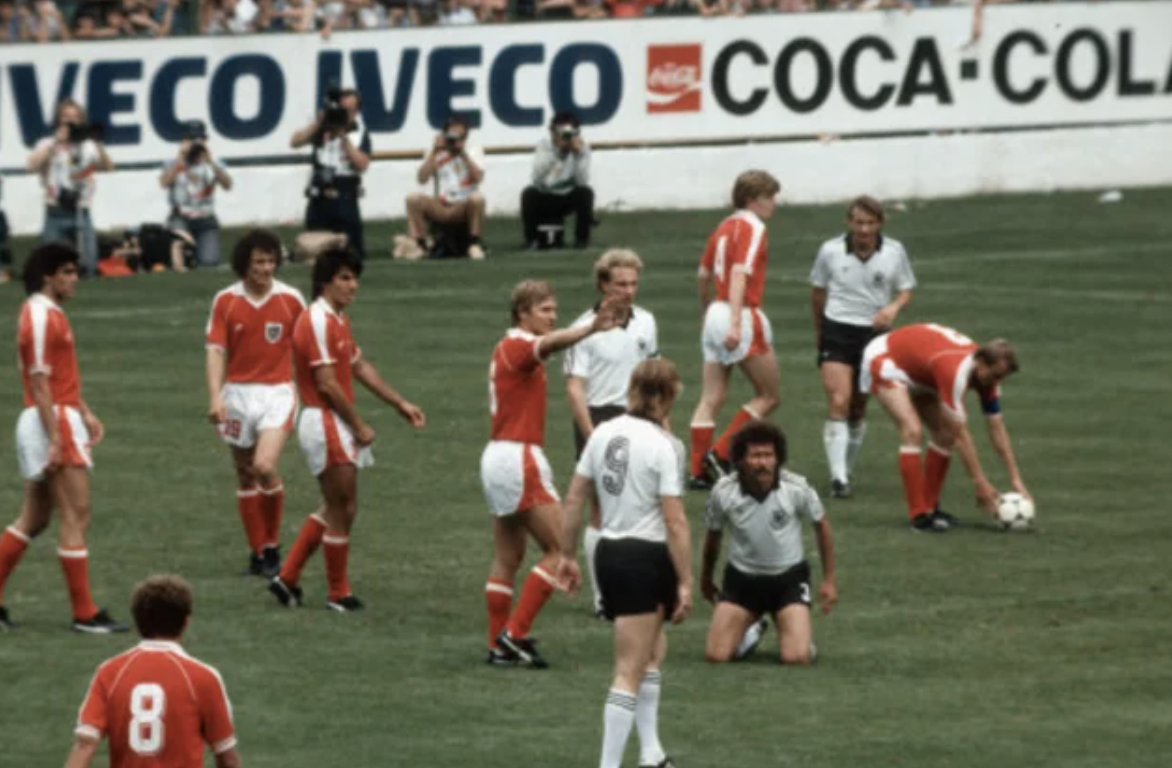 At the 1982 World Cup, before a last group stage match between Austria and West Germany, both teams knew that a German win by one goal would see both advance to the next round. Germany scored in the first 10 minutes and the match came to a standstill. The match is now known as the Disgrace of Gijón.