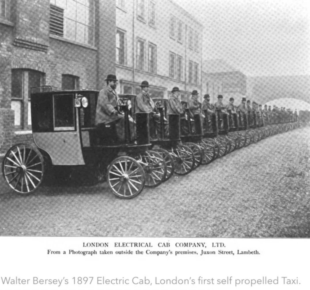 London Electrical Cab Company, Ltd. From a Photograph taken outside the Company's premises, Juxon Street, Lambeth. Walter Bersey's 1897 Electric Cab, London's first self propelled Taxi.