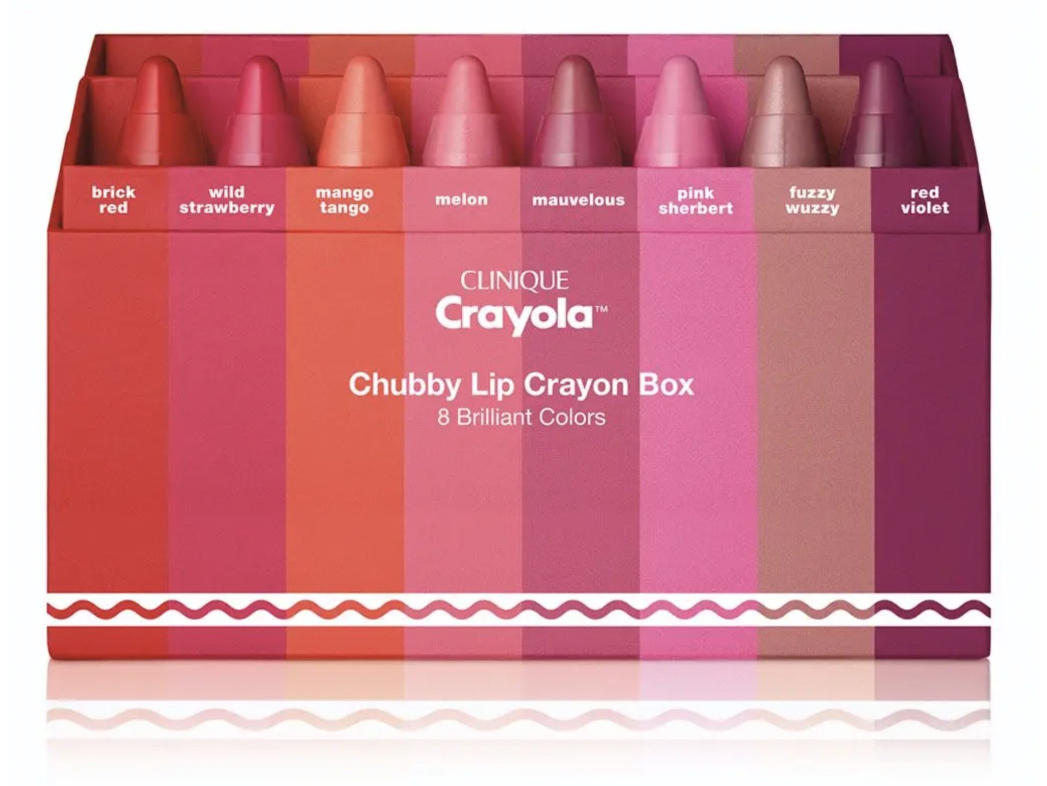 clinique lip crayons - brick red wild strawberry mango tango pink fuzzy red melon mauvelous sherbert wuzzy violet Clinique Crayola Chubby Lip Crayon Box 8 Brilliant Colors