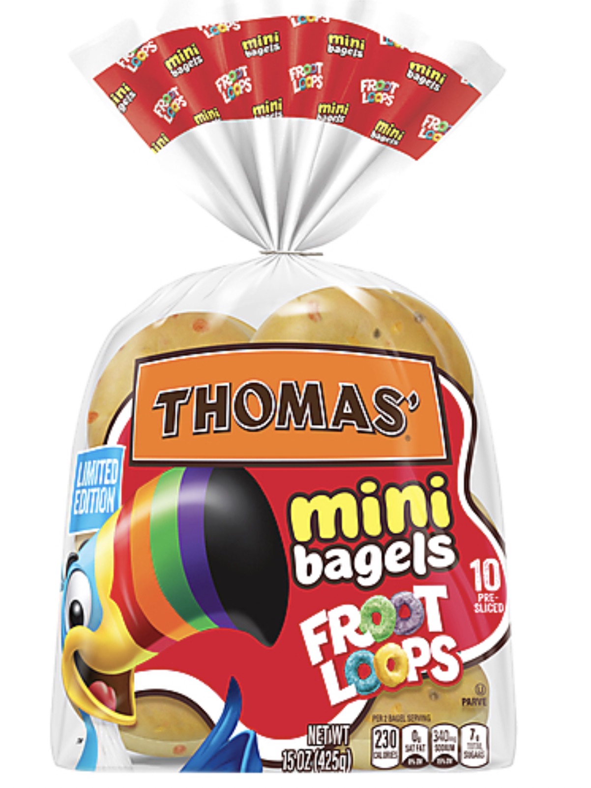 Thomas' Froot Loops Mini Bagels - Ops fini mini bagets mini bagels Front Froot Loops mini bagels mini borts Frot Leops mini mini bagets Fro 5136 Limited Edition Thomas mini bagels Froot Loops Per Bagelserving Parve Netwt 230407 10 Pre Sliced Sat Fat S 425