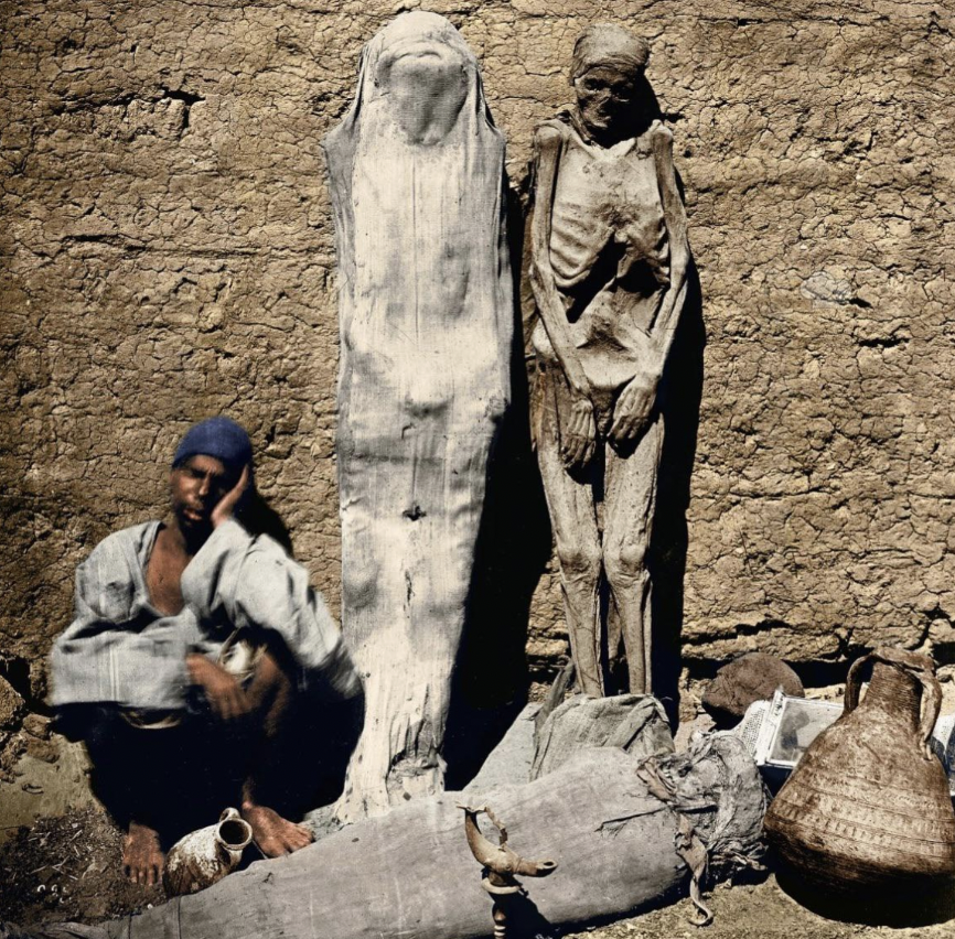 Egyptian street vendor selling mummies, circa 1870.