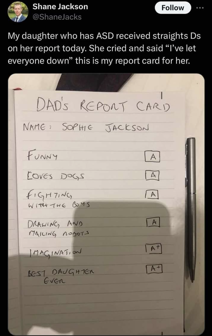 screenshot - Shane Jackson My daughter who has Asd received straights Ds on her report today. She cried and said "I've let everyone down" this is my report card for her. Dad'S Report Card Name Sophie Jackson 1 Funny A Loves Dogs A A Fighting With The Boms