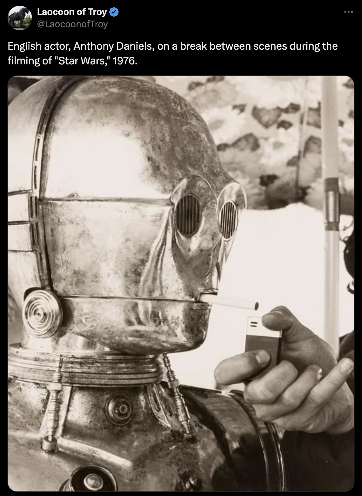 anthony daniels on the set of star wars 1976 - Laocoon of Troy English actor, Anthony Daniels, on a break between scenes during the filming of