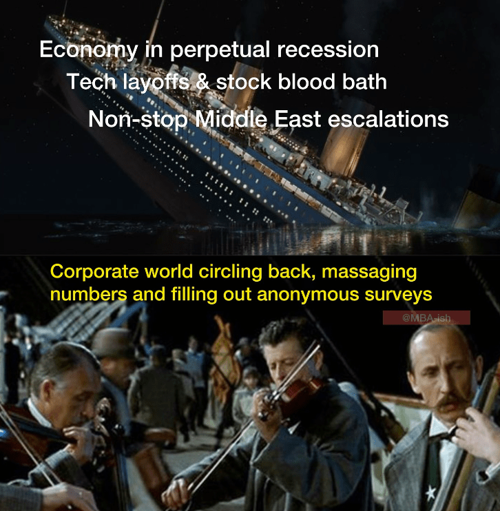 monday work memes - titanic band meme - Economy in perpetual recession Tech layoffs & stock blood bath Nonstop Middle East escalations Corporate world circling back, massaging numbers and filling out anonymous surveys