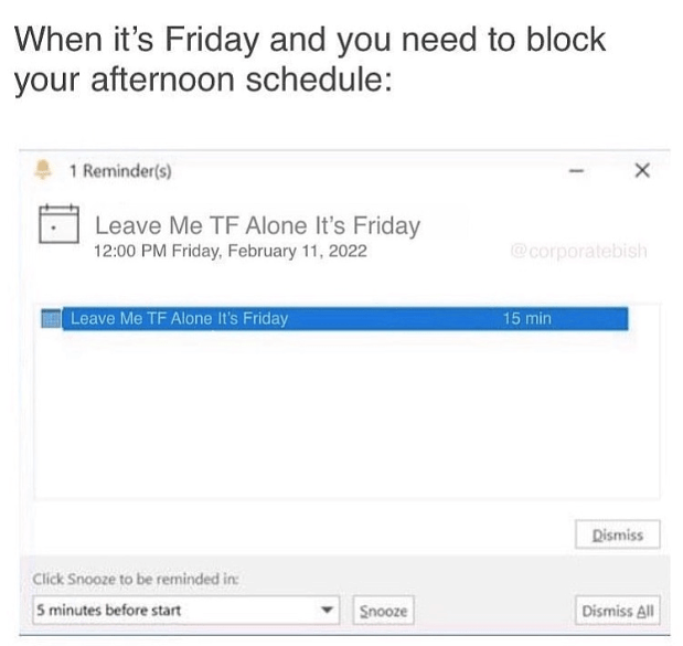 monday work memes - screenshot - When it's Friday and you need to block your afternoon schedule 1 Reminders Leave Me Tf Alone It's Friday Friday, Leave Me Tf Alone It's Friday Click Snooze to be reminded in 5 minutes before start 15 min Dismiss Snooze Dis