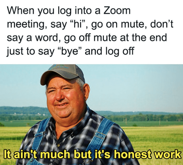 monday work memes - ain t much but it's honest work memes - When you log into a Zoom meeting, say "hi", go on mute, don't say a word, go off mute at the end just to say "bye" and log off It ain't much but it's honest work