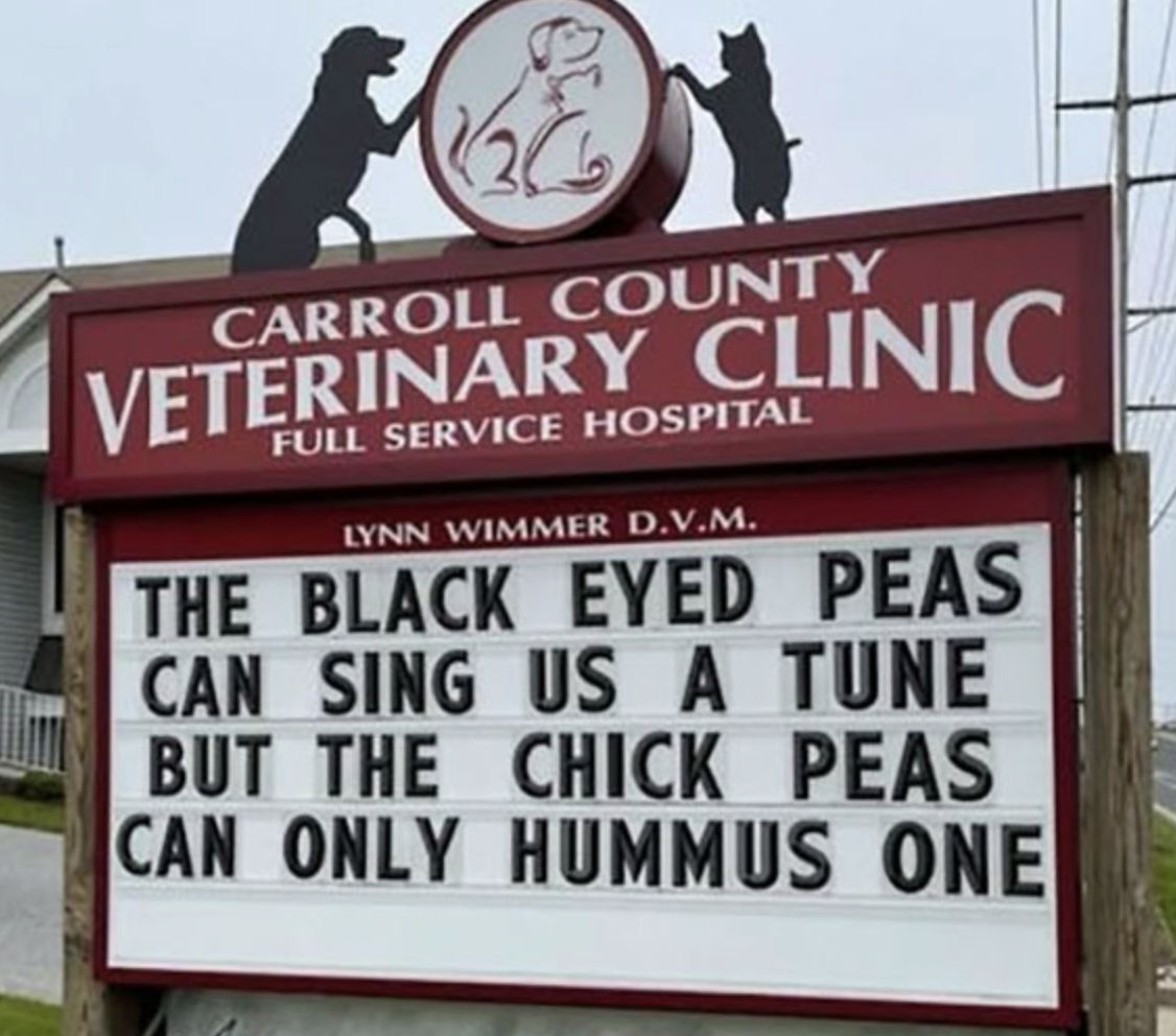 street sign - Carroll County Veterinary Clinic Full Service Hospital Lynn Wimmer D.V.M. The Black Eyed Peas Can Sing Us A Tune But The Chick Peas Can Only Hummus One