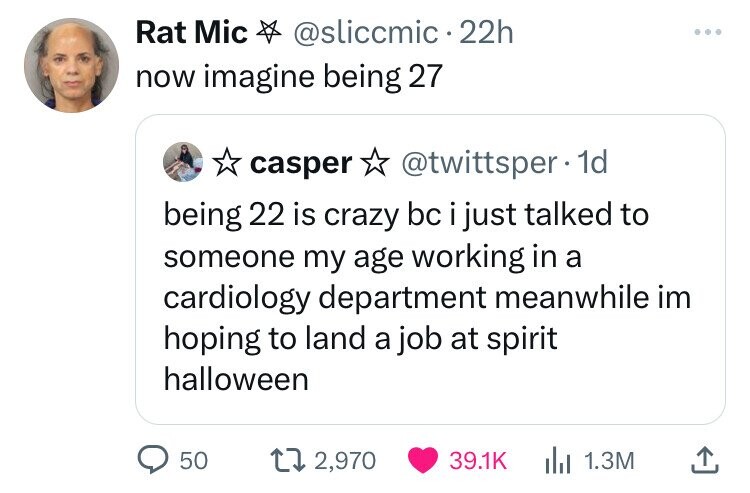 screenshot - Rat Mic . 22h now imagine being 27 casper. 1d being 22 is crazy bc i just talked to someone my age working in a cardiology department meanwhile im hoping to land a job at spirit halloween 50 12,970 Ill 1.3M