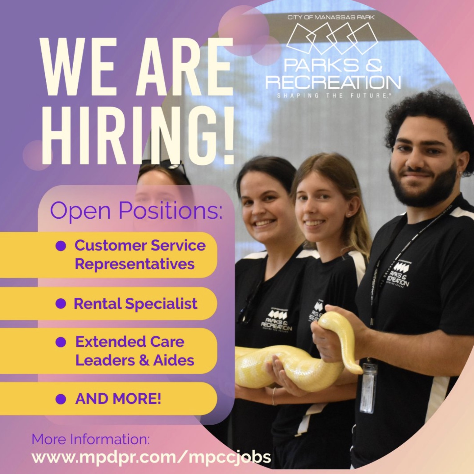 flyer - City Of Manassas Park We Are Hiring! Open Positions Customer Service Representatives Rental Specialist Extended Care Leaders & Aides And More! More Information Parks & Recreation Shaping The Future. 4004 Parks & Recreation M Parks & Ecreation