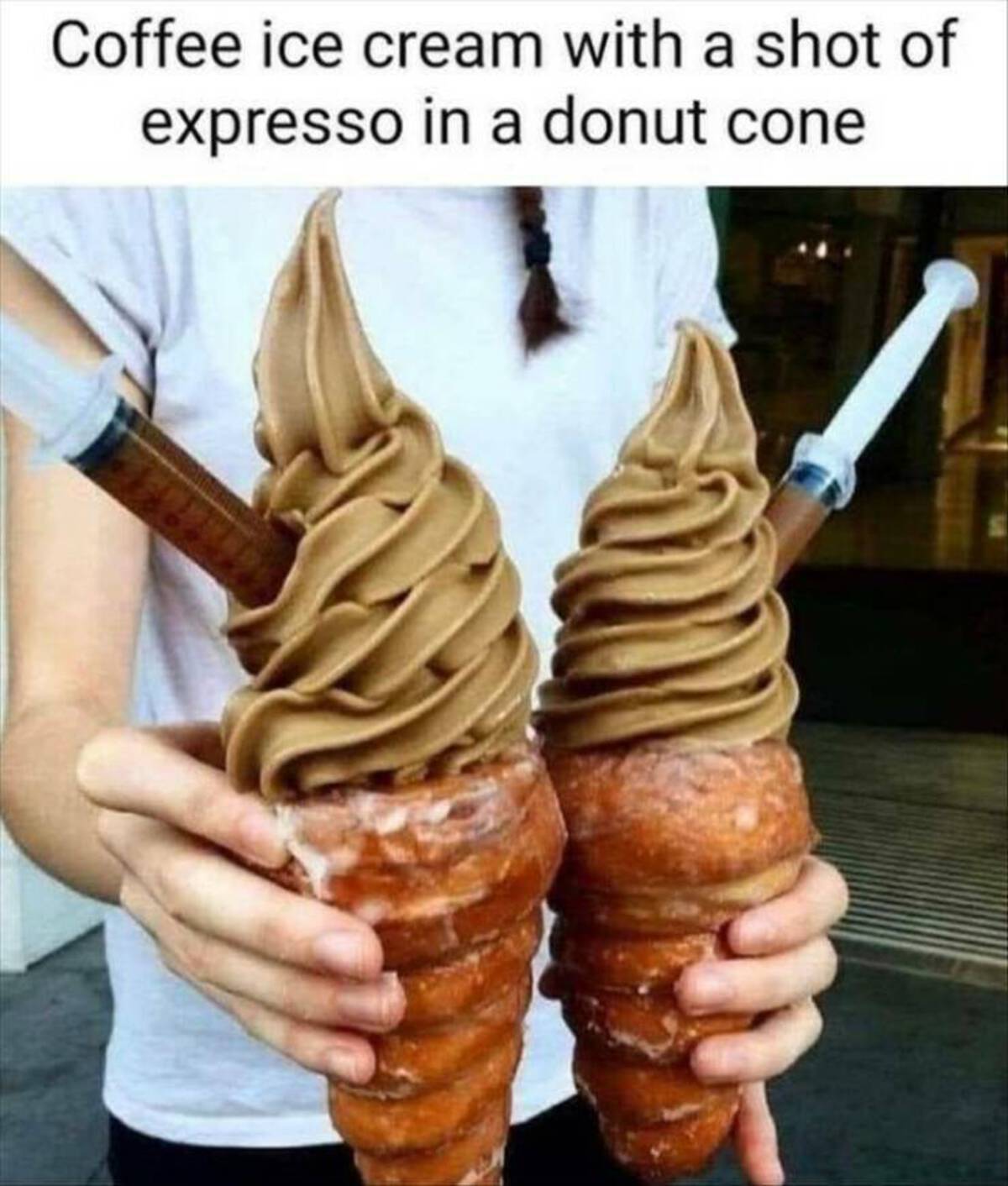 funny memes and cool pics - coffee ice cream shot of espresso donut cone - Coffee ice cream with a shot of expresso in a donut cone