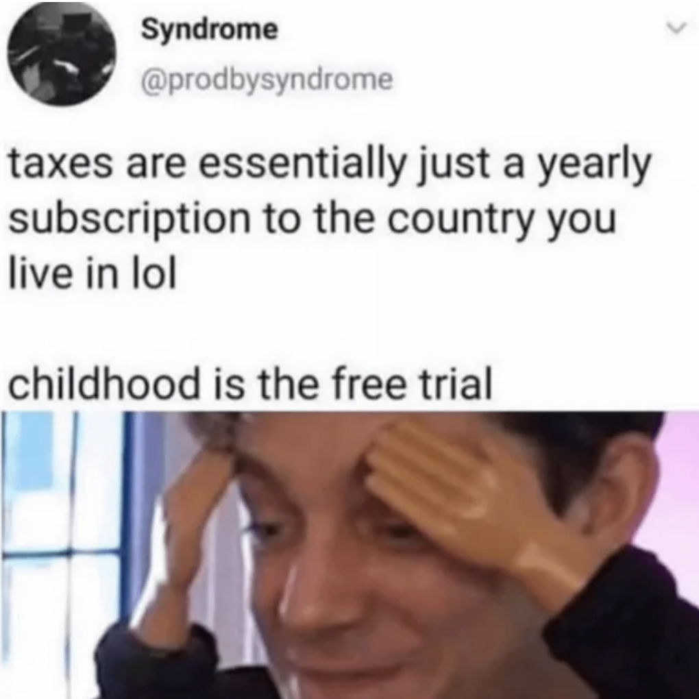 taxes are essentially just a yearly subscription - Syndrome taxes are essentially just a yearly subscription to the country you live in lol childhood is the free trial