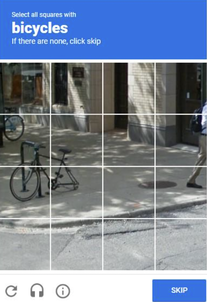 sidewalk - Select all squares with bicycles If there are none, click skip S Skip