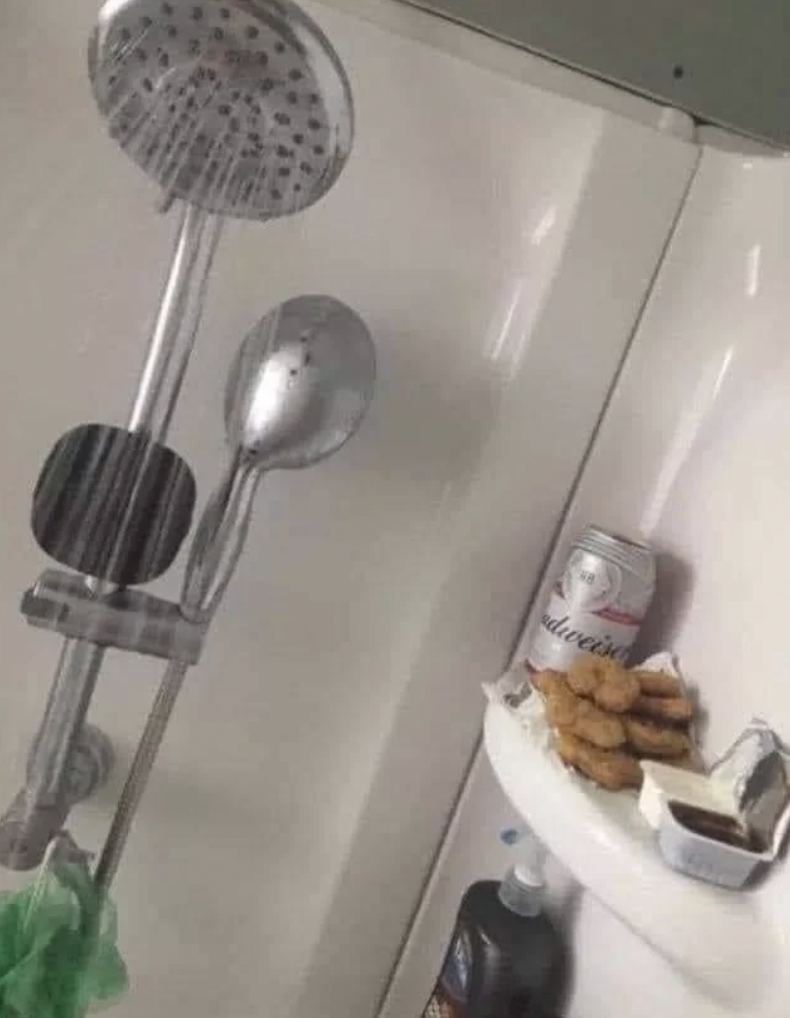 chicken nuggets and beer in shower