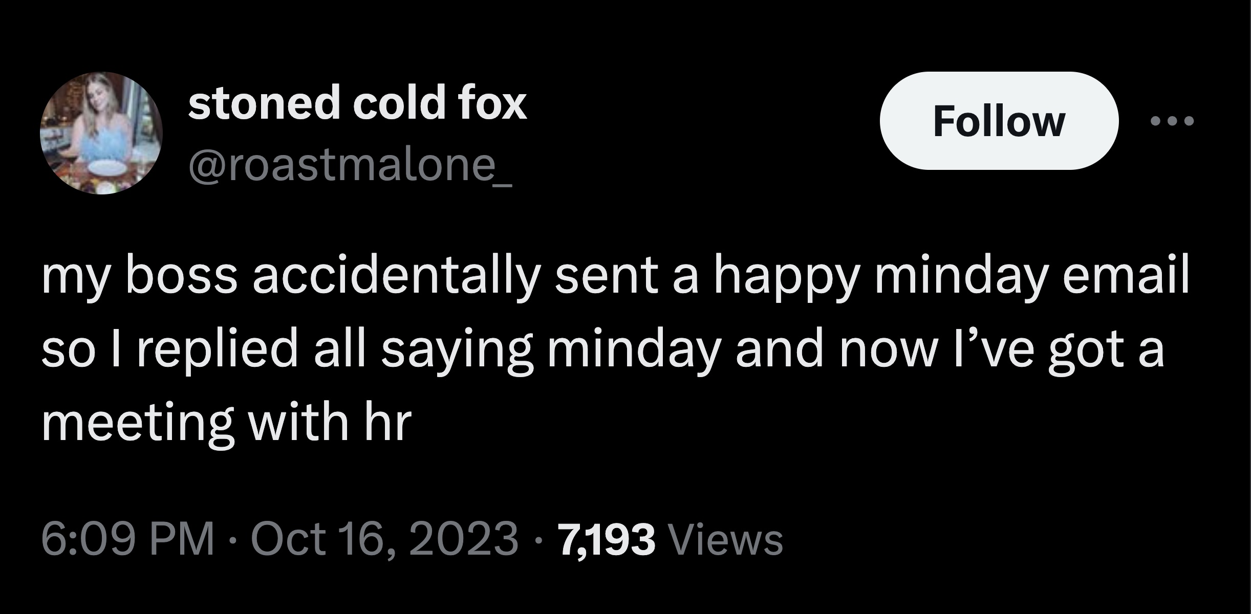 screenshot - stoned cold fox my boss accidentally sent a happy minday email so I replied all saying minday and now I've got a meeting with hr 7,193 Views