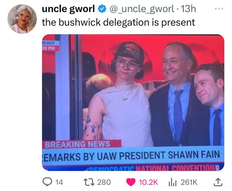 screenshot - uncle gworl . 13h the bushwick delegation is present Harr Icago 30 Pm Breaking News Emarks By Uaw President Shawn Fain Democratic National Conventione 14 17280