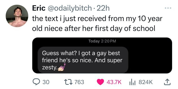 screenshot - Eric 22h the text i just received from my 10 year old niece after her first day of school Today Guess what? I got a gay best friend he's so nice. And super zesty. 30 1 763