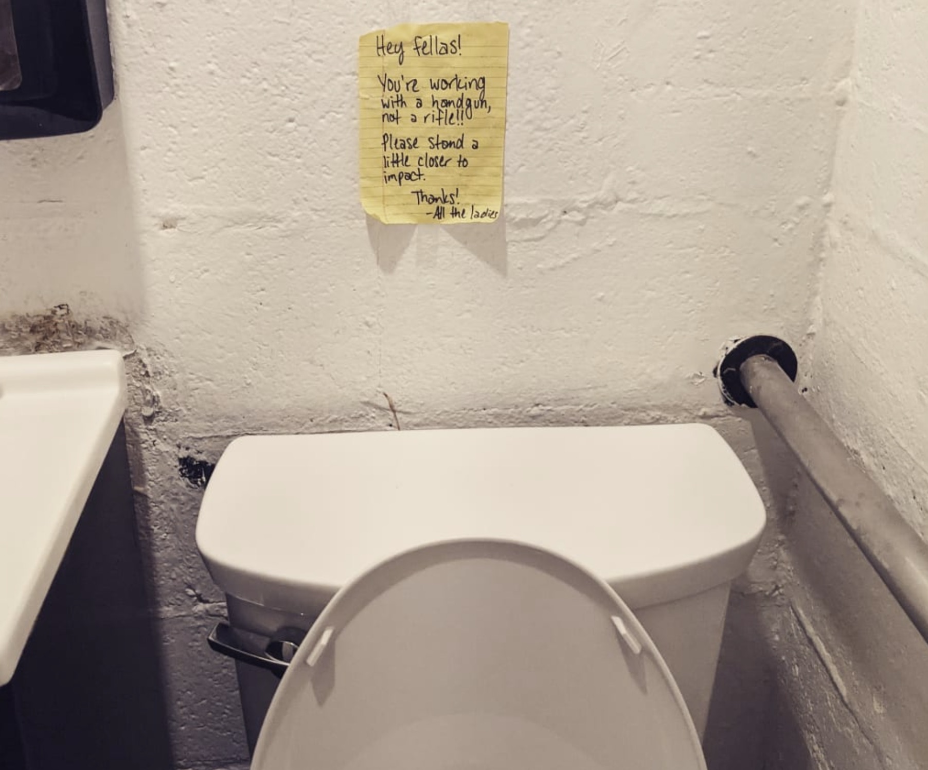 toilet - Hey fellas! You're working with a handgun, not a rifle!! Please stond a little closer to impact. Thanks! All the ladies