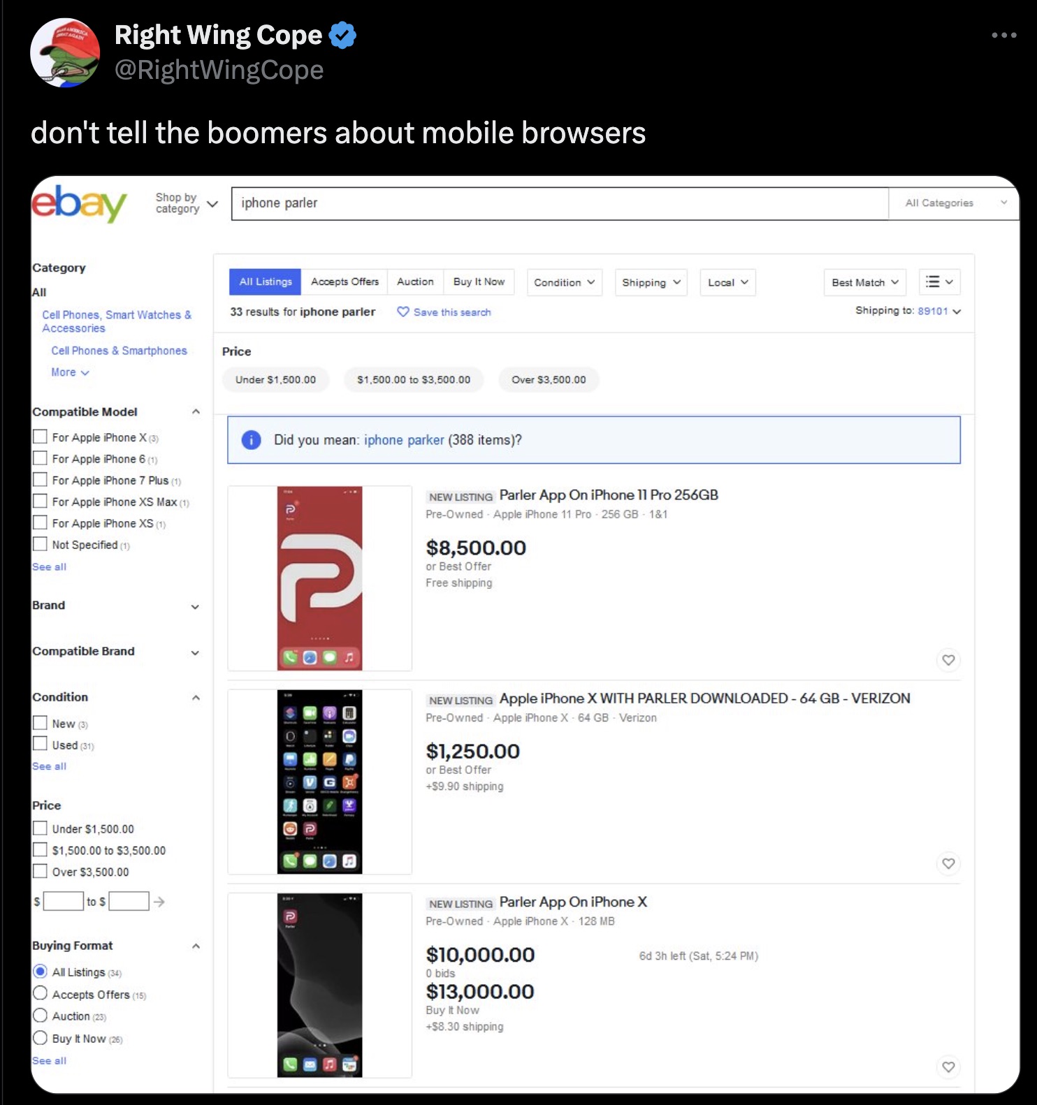 screenshot - Right Wing Cope don't tell the boomers about mobile browsers ebay Shop by category iphone parler Category All Cell Phones, Smart Watches & Accessories Cell Phones & Smartphones More Compatible Model For Apple iPhone X 3 For Apple iPhone 6 1 F