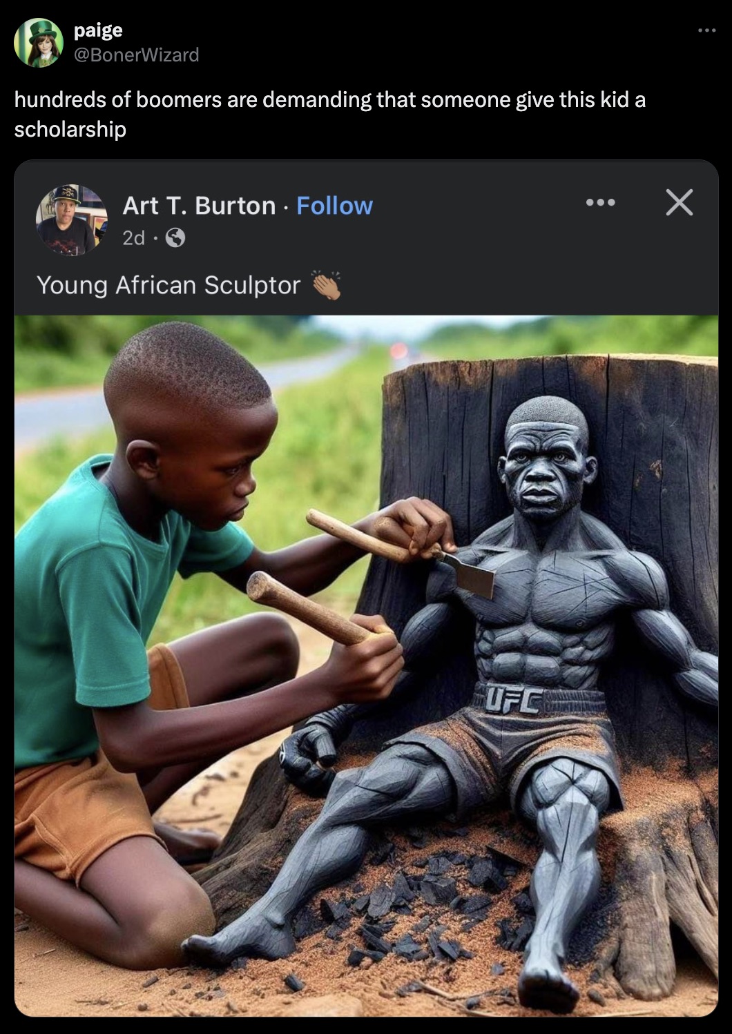 screenshot - paige hundreds of boomers are demanding that someone give this kid a scholarship Art T. Burton 2d. . Young African Sculptor Ufc