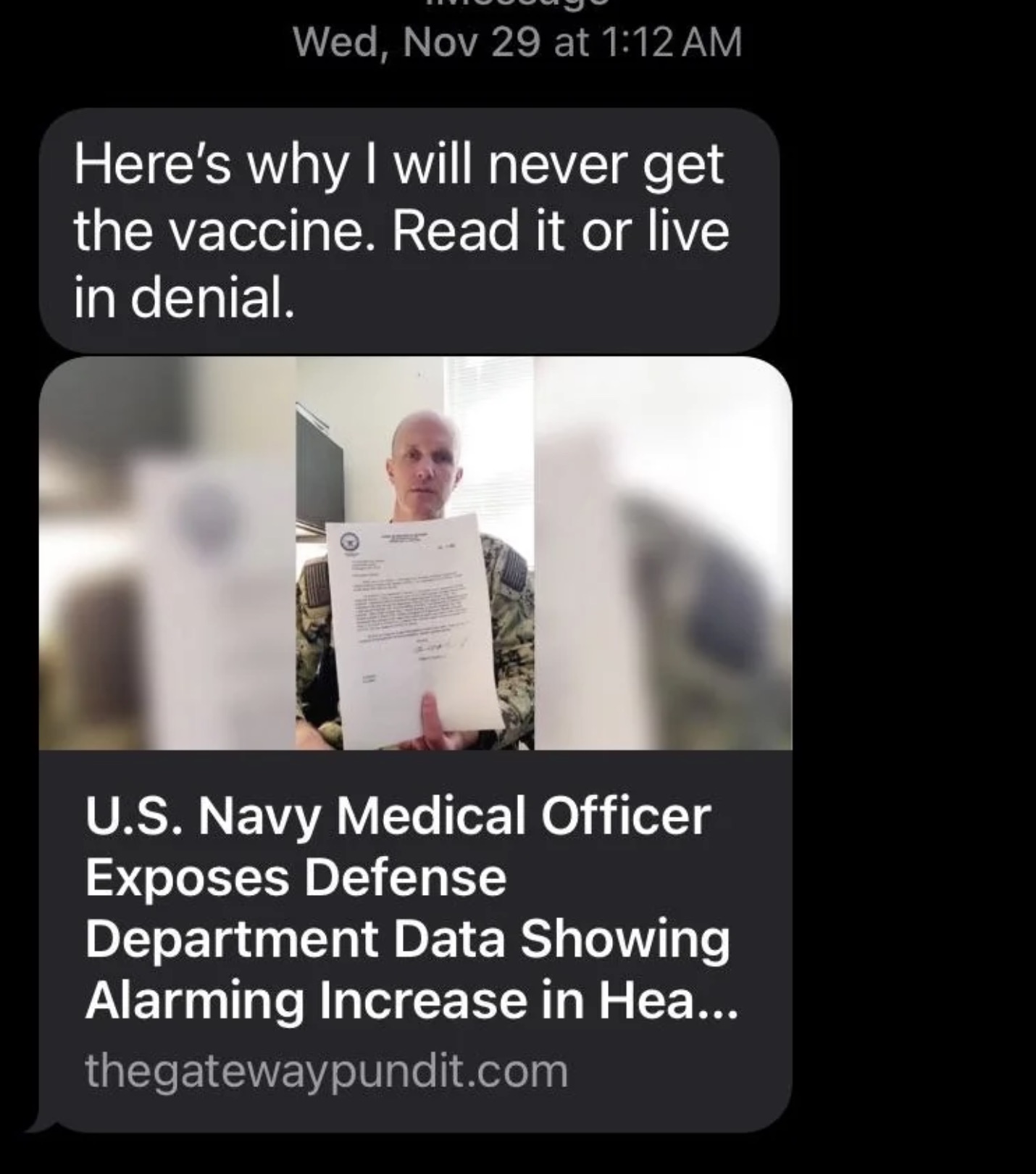 photo caption - Wed, Nov 29 at Here's why I will never get the vaccine. Read it or live in denial. U.S. Navy Medical Officer Exposes Defense Department Data Showing Alarming Increase in Hea... thegatewaypundit.com