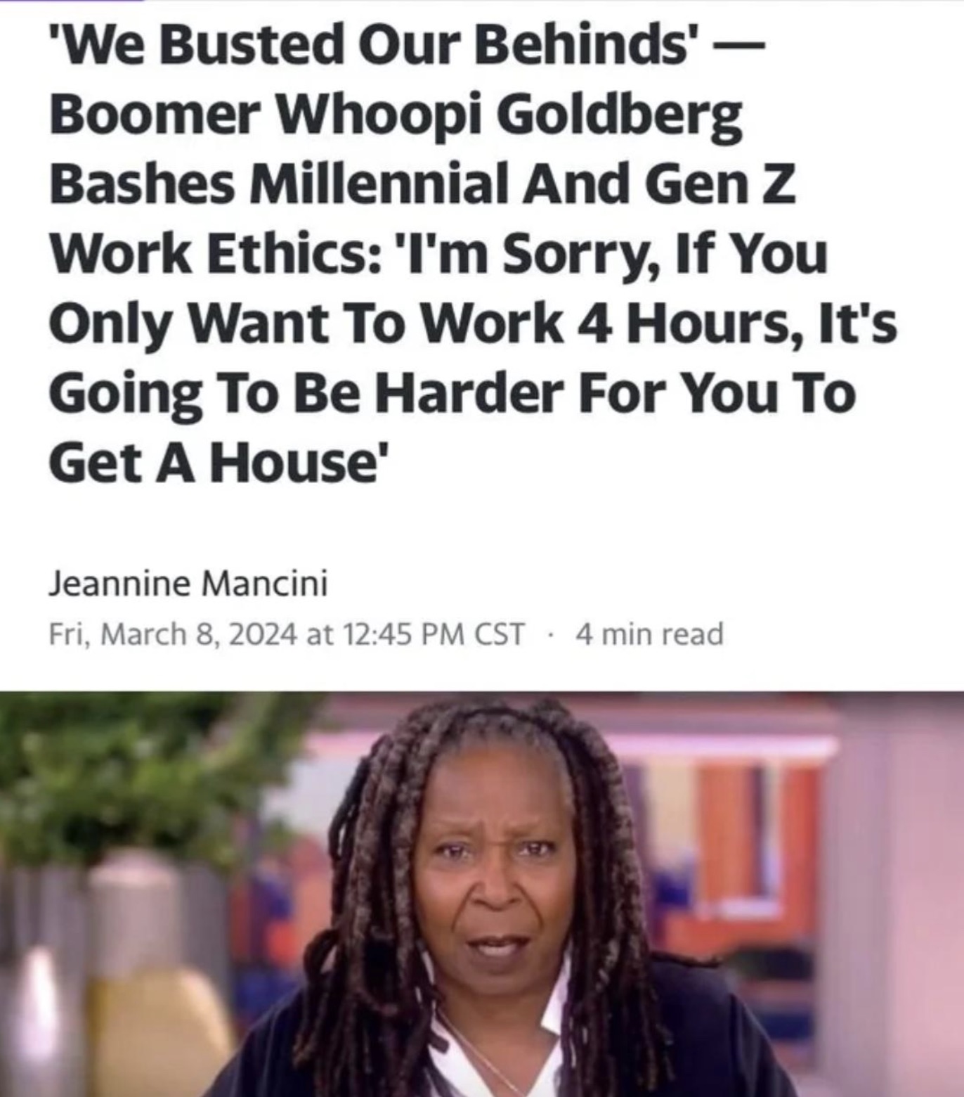 dreadlocks - 'We Busted Our Behinds' Boomer Whoopi Goldberg Bashes Millennial And Gen Z Work Ethics 'I'm Sorry, If You Only Want To Work 4 Hours, It's Going To Be Harder For You To Get A House' Jeannine Mancini Fri, at Cst 4 min read